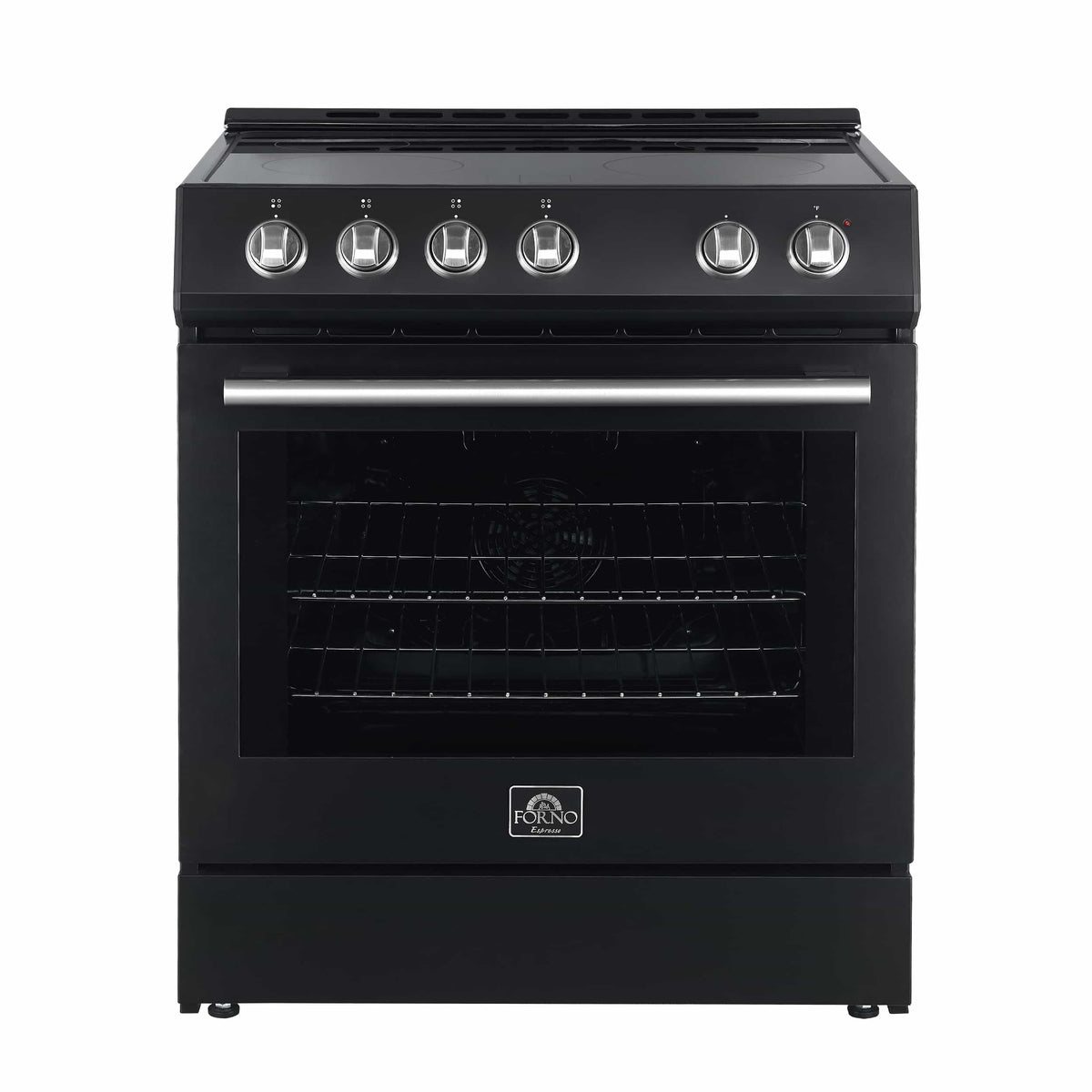 Forno 5-Piece Appliance Package - 30-Inch Electric Range, Under Cabinet Range Hood, French Door Refrigerator, Dishwasher, and 30-Inch Microwave Drawer in Black with Stainless Steel Handle - APR5-6012-30BLK-MWD30