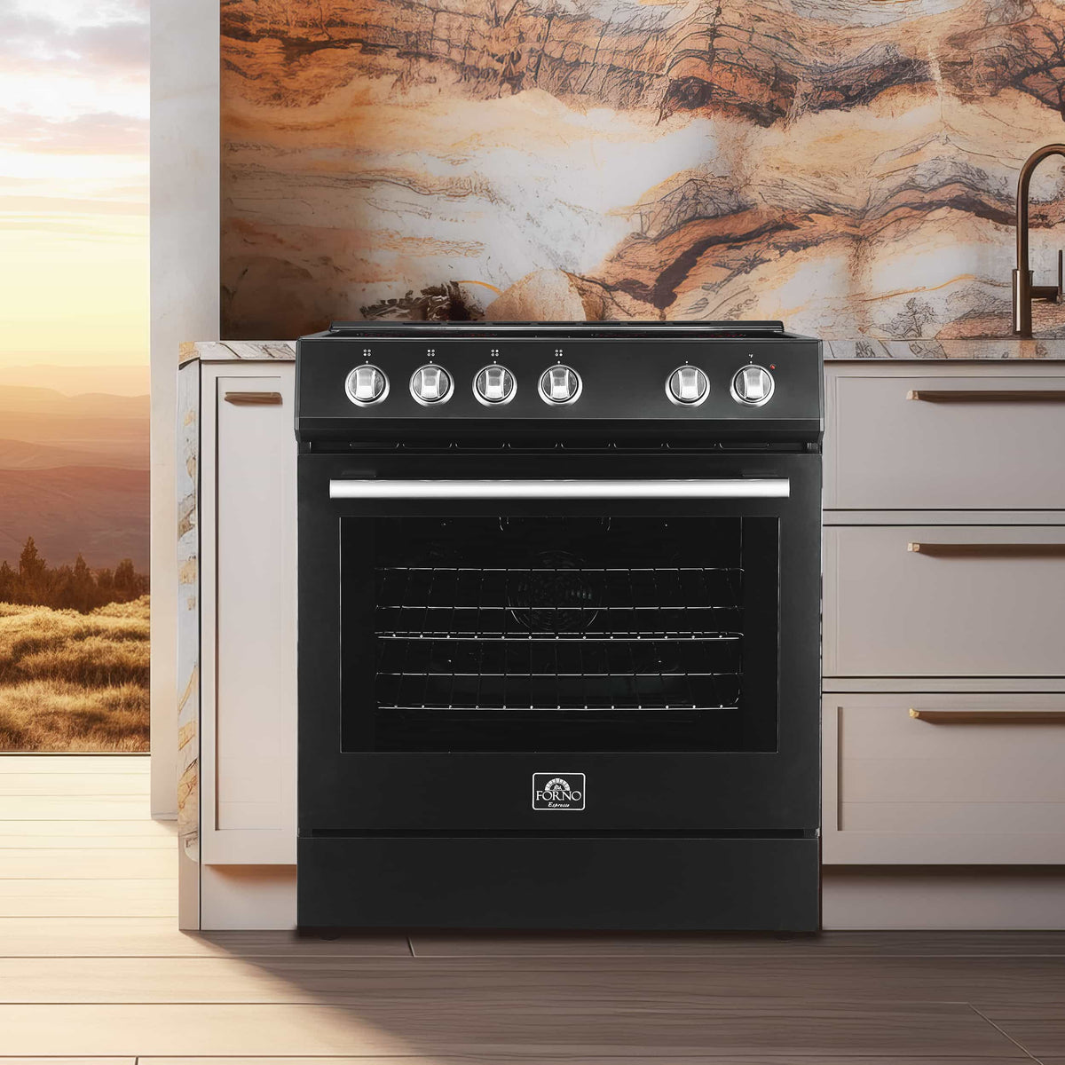 Forno 5-Piece Appliance Package - 30-Inch Electric Range, Under Cabinet Range Hood, French Door Refrigerator, Dishwasher, and 30-Inch Microwave Drawer in Black with Stainless Steel Handle - APR5-6012-30BLK-MWD30