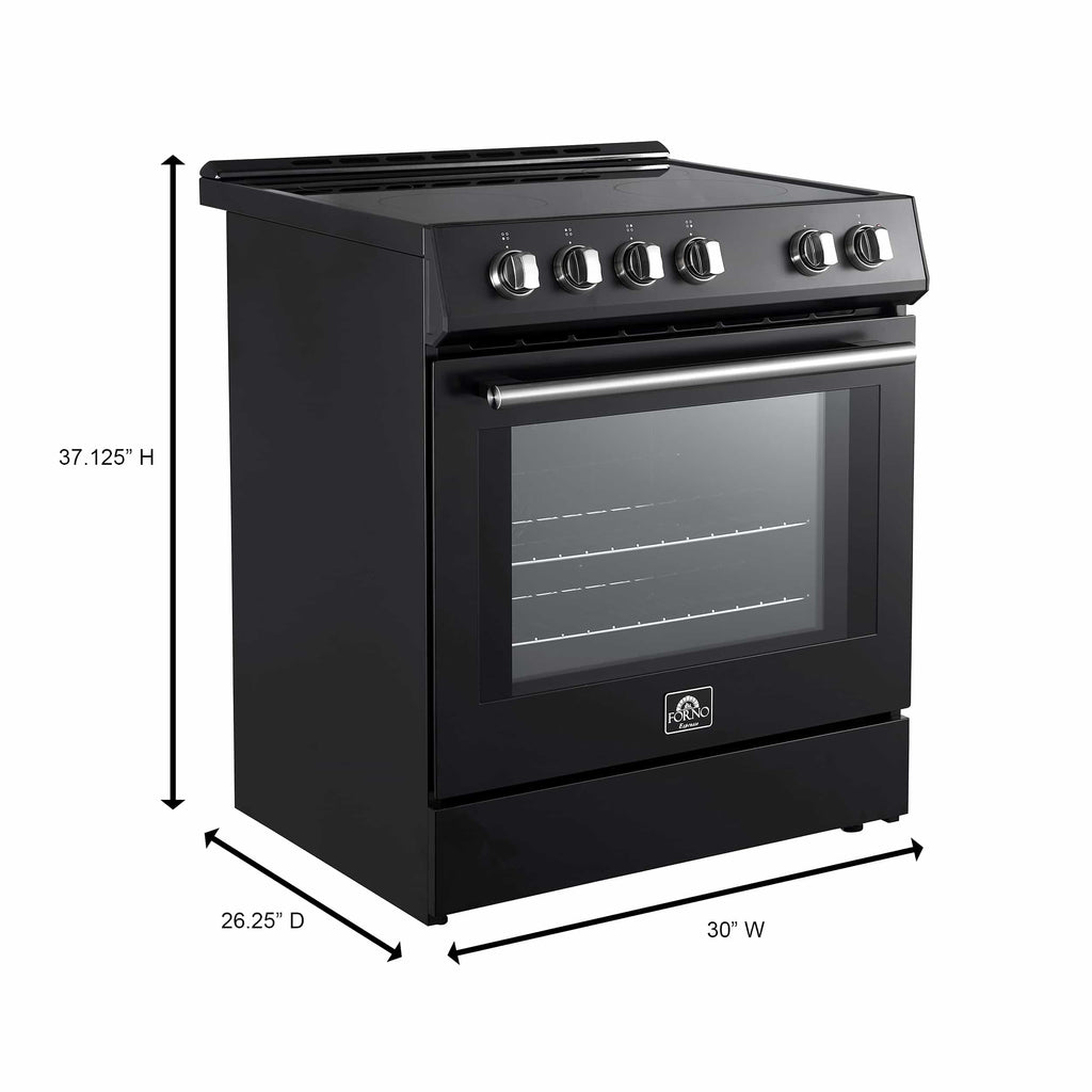 Forno 5-Piece Appliance Package - 30-Inch Electric Range, Under Cabinet Range Hood, French Door Refrigerator, Dishwasher, and 30-Inch Microwave Drawer in Black with Antique Brass Trim - APR5-6012-30BLK-MWD30