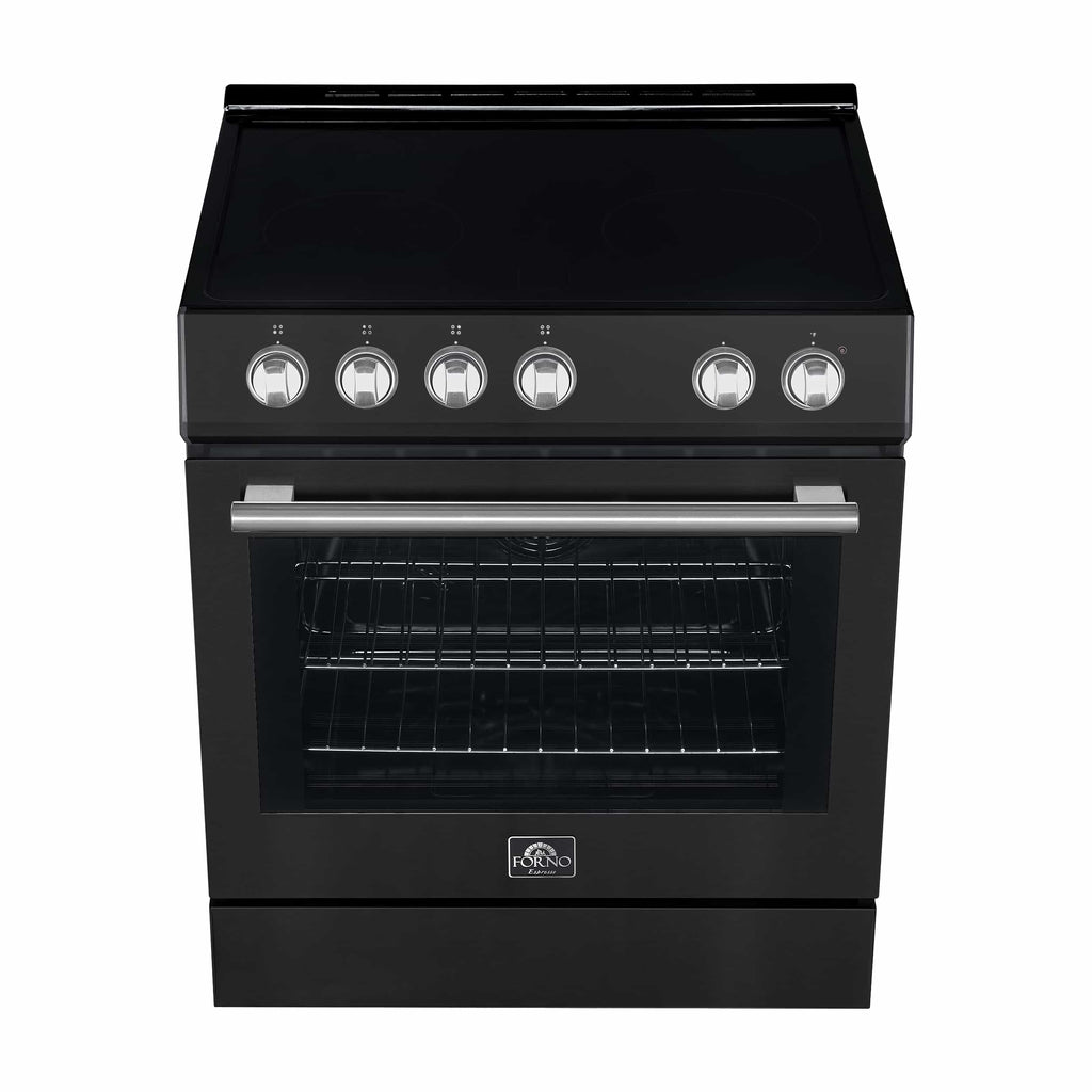 Forno 5-Piece Appliance Package - 30-Inch Electric Range, Under Cabinet Range Hood, French Door Refrigerator, Dishwasher, and 30-Inch Microwave Drawer in Black with Stainless Steel Handle - APR5-6012-30BLK-MWD30
