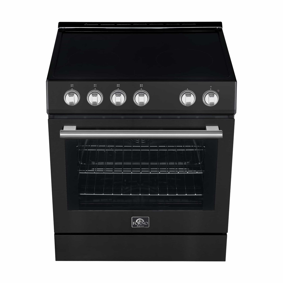 Forno 5-Piece Appliance Package - 30-Inch Electric Range, Under Cabinet Range Hood, French Door Refrigerator, Dishwasher, and 30-Inch Microwave Drawer in Black with Stainless Steel Handle - APR5-6012-30BLK-MWD30