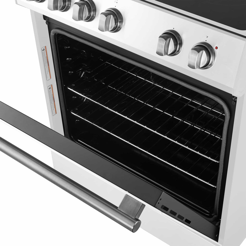 Forno 5-Piece Appliance Package - 30-Inch Electric Range, Under Cabinet Range Hood, Refrigerator with Water Dispenser, Dishwasher, and  Microwave Drawer in White with Stainless Steel Trim - APW5-6012-30WHT