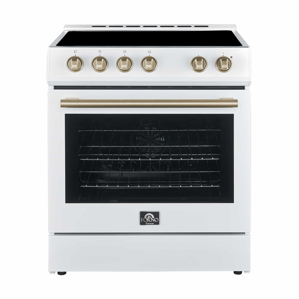 Forno 5-Piece Appliance Package - 30-Inch Electric Range, Under Cabinet Range Hood, French Door Refrigerator, Dishwasher, and 30-Inch Microwave Drawer in White with Stainless Steel Trim - APR5-6012-30WHT-MWD30
