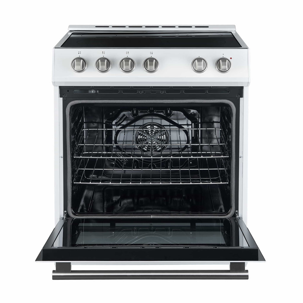 Forno 5-Piece Appliance Package - 30-Inch Electric Range, Under Cabinet Range Hood, Refrigerator with Water Dispenser, Dishwasher, and 30-Inch Microwave Drawer in White with Stainless Steel Trim - APW5-6012-30WHT-MWD30