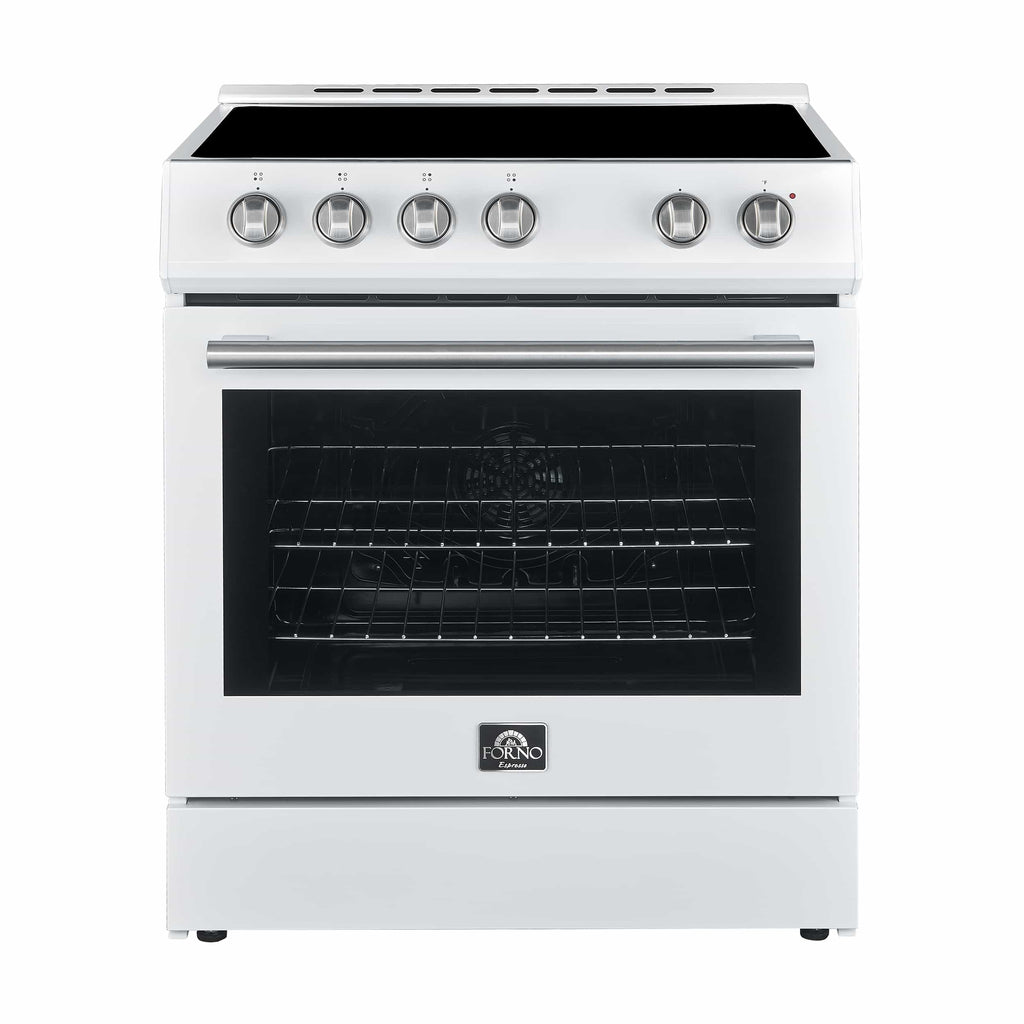 Forno 5-Piece Appliance Package - 30-Inch Electric Range, Under Cabinet Range Hood, French Door Refrigerator, Dishwasher, and 30-Inch Microwave Drawer in White with Stainless Steel Trim - APR5-6012-30WHT-MWD30