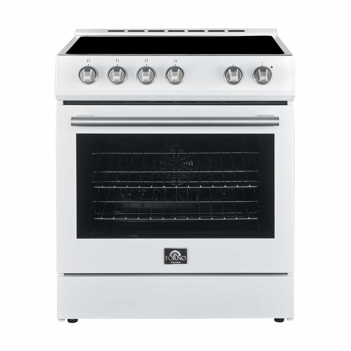 Forno 5-Piece Appliance Package - 30-Inch Electric Range, Under Cabinet Range Hood, Refrigerator with Water Dispenser, Dishwasher, and 30-Inch Microwave Drawer in White with Stainless Steel Trim - APW5-6012-30WHT-MWD30