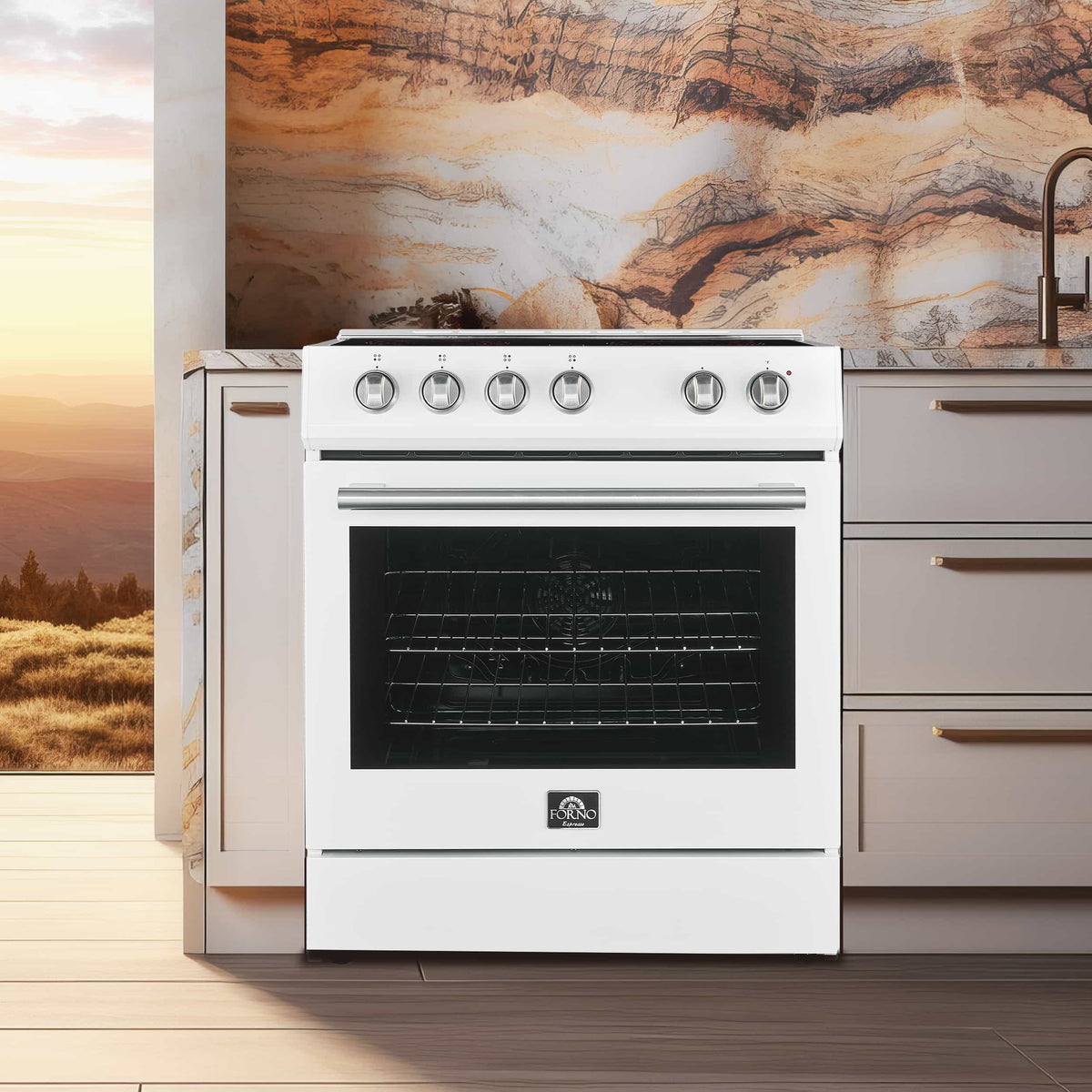 Forno 5-Piece Appliance Package - 30-Inch Electric Range, Under Cabinet Range Hood, Refrigerator with Water Dispenser, Dishwasher, and  Microwave Drawer in White with Stainless Steel Trim - APW5-6012-30WHT