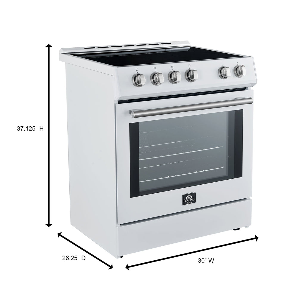 Forno 5-Piece Appliance Package - 30-Inch Induction Range, Under Cabinet Range Hood, Refrigerator with Water Dispenser, Dishwasher, and 30-Inch Microwave Drawer in White with Stainless Steel Trim - APW5-982-30WHT-MWD30