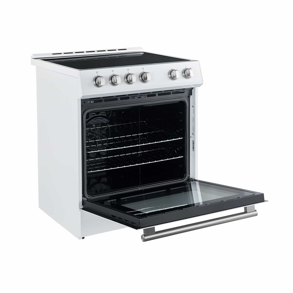 Forno 5-Piece Appliance Package - 30-Inch Electric Range, Under Cabinet Range Hood, Refrigerator with Water Dispenser, Dishwasher, and  Microwave Drawer in White with Stainless Steel Trim - APW5-6012-30WHT