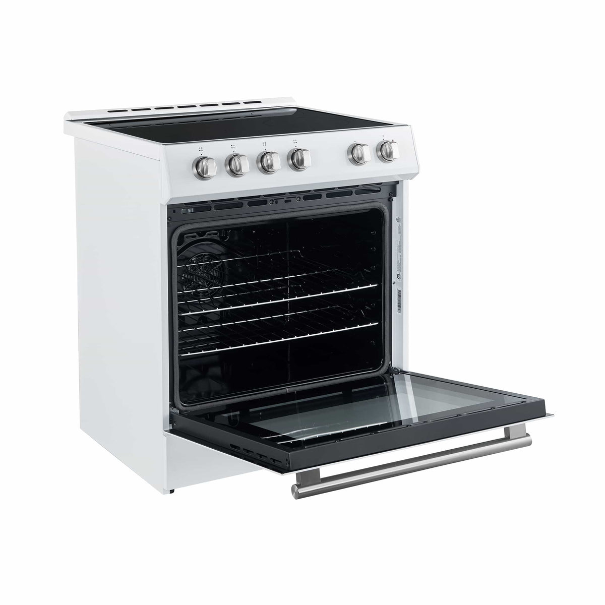 Forno 5-Piece Appliance Package - 30-Inch Electric Range, Under Cabinet Range Hood, Refrigerator with Water Dispenser, Dishwasher, and 30-Inch Microwave Drawer in White with Stainless Steel Trim - APW5-6012-30WHT-MWD30