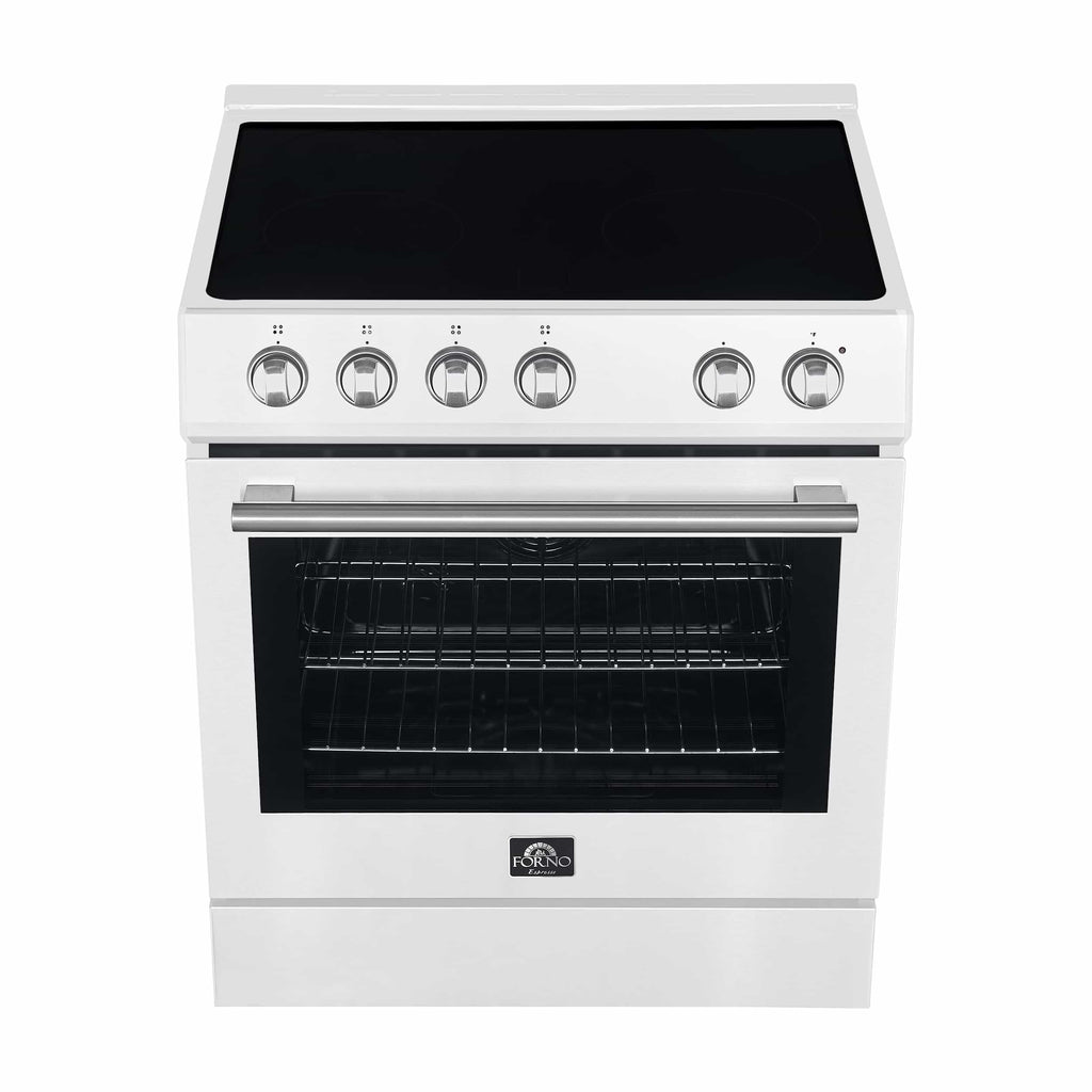 Forno 5-Piece Appliance Package - 30-Inch Electric Range, Under Cabinet Range Hood, French Door Refrigerator, Dishwasher, and 30-Inch Microwave Drawer in White with Stainless Steel Trim - APR5-6012-30WHT-MWD30