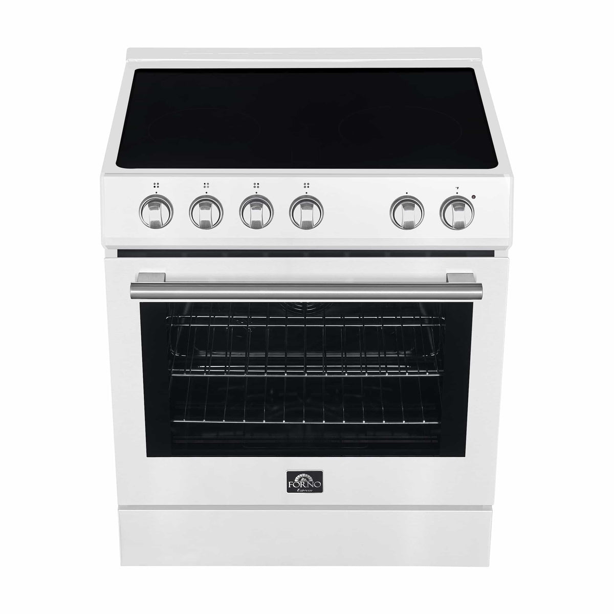 Forno 5-Piece Appliance Package - 30-Inch Electric Range, Under Cabinet Range Hood, French Door Refrigerator, Dishwasher, and 30-Inch Microwave Drawer in White with Stainless Steel Trim - APR5-6012-30WHT-MWD30