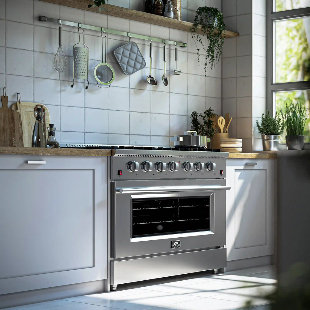 Forno 5-Piece Appliance Package - 36-Inch Gas Range, Wall Mount Range Hood, 60-Inch Refrigerator, Dishwasher, and 30-Inch Microwave Drawer in Stainless Steel - AP5-6244-36-5095-60S-30MD
