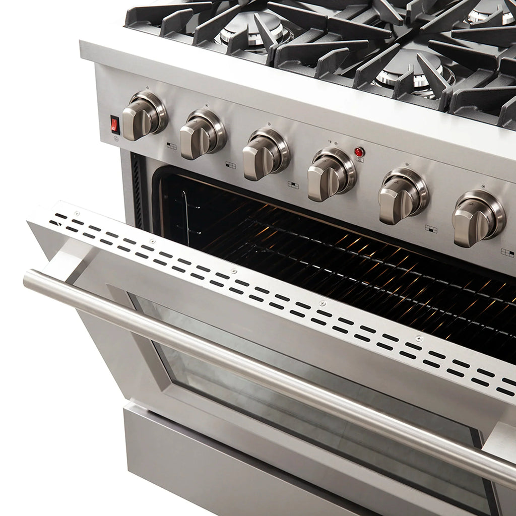 Forno 5-Piece Appliance Package - 36-Inch Gas Range, Wall Mount Range Hood, 36-Inch Refrigerator, Dishwasher, and 30-Inch Microwave Drawer in Stainless Steel - AP5-6244-36-5095-30MD