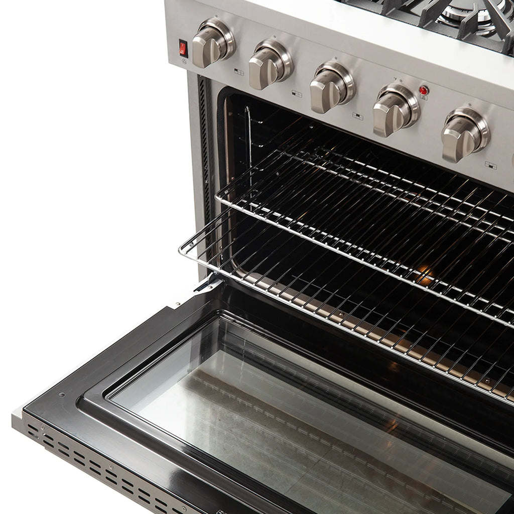 Forno 5-Piece Appliance Package - 36-Inch Gas Range, Wall Mount Range Hood, 60-Inch Refrigerator, Dishwasher, and 30-Inch Microwave Oven in Stainless Steel - AP5-6244-36-5095-60S-30MO