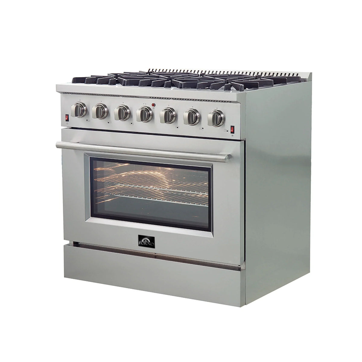 Forno 5-Piece Appliance Package - 36-Inch Gas Range, Wall Mount Range Hood, 60-Inch Refrigerator, Dishwasher, and 24-Inch Microwave Oven in Stainless Steel - AP5-6244-36-5095-60S-24MO