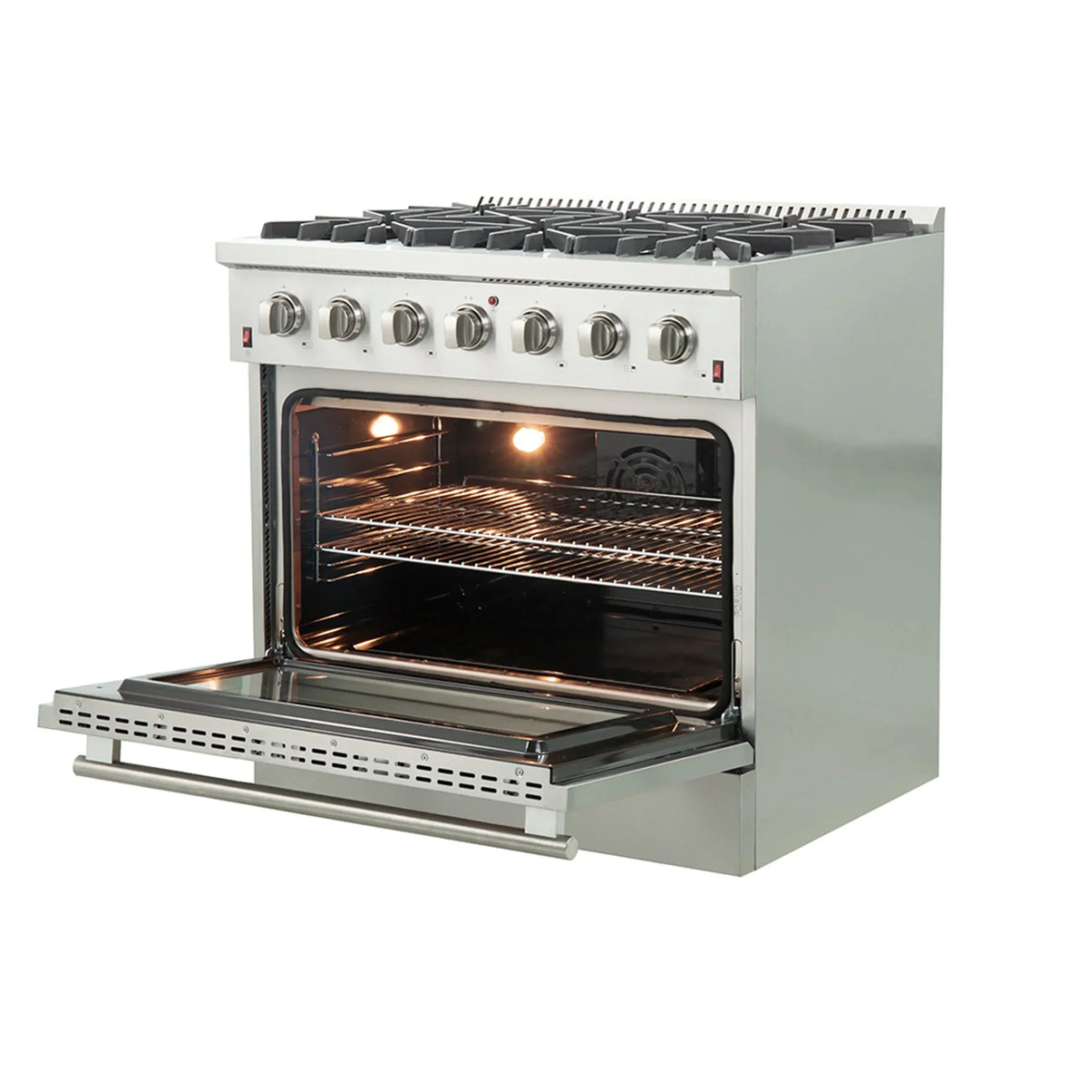 Forno 5-Piece Appliance Package - 36-Inch Gas Range, Wall Mount Range Hood, 36-Inch Refrigerator, Dishwasher, and 24-Inch Microwave Oven in Stainless Steel - AP5-6244-36-5095-24MO