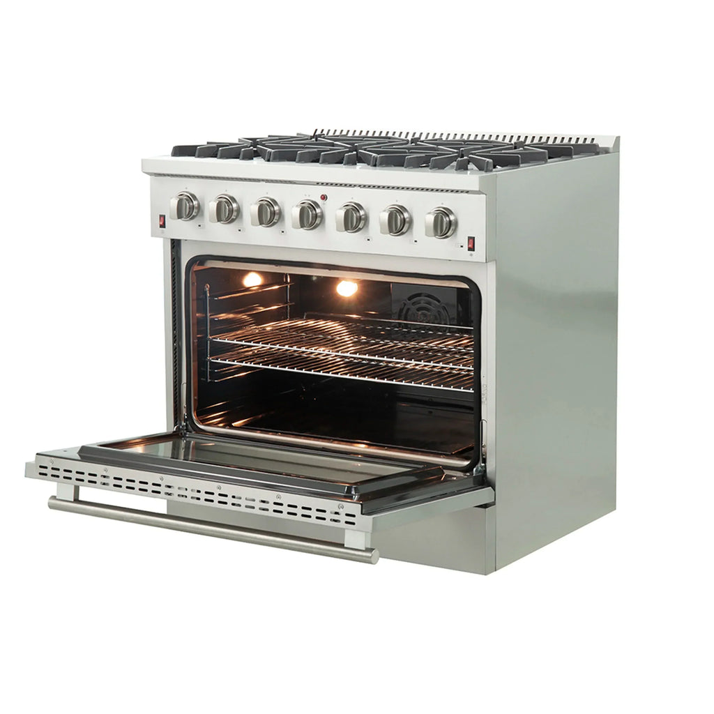 Forno 5-Piece Appliance Package - 36-Inch Gas Range, Wall Mount Range Hood, 60-Inch Refrigerator, Dishwasher, and 30-Inch Microwave Drawer in Stainless Steel - AP5-6244-36-5095-60S-30MD