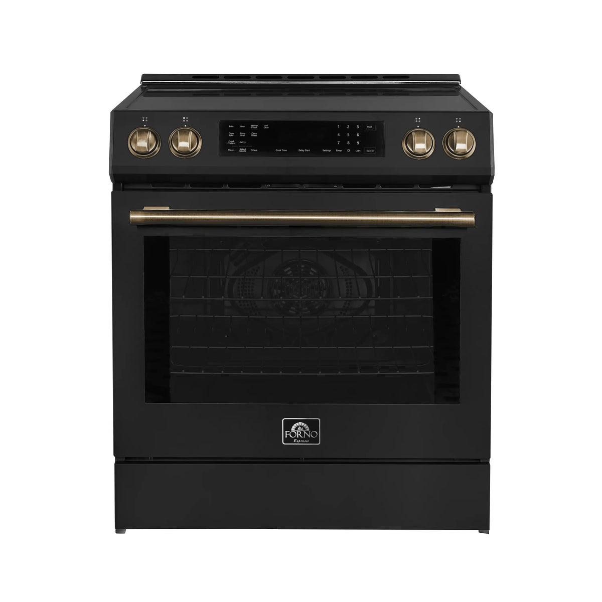Forno 5-Piece Appliance Package - 30-Inch Inducton Range, Under Cabinet Range Hood, Refrigerator with Water Dispenser, Dishwasher, and 24-Inch Microwave Oven in Black with Antique Brass Trim - APW5-905-30BLK-MWO24