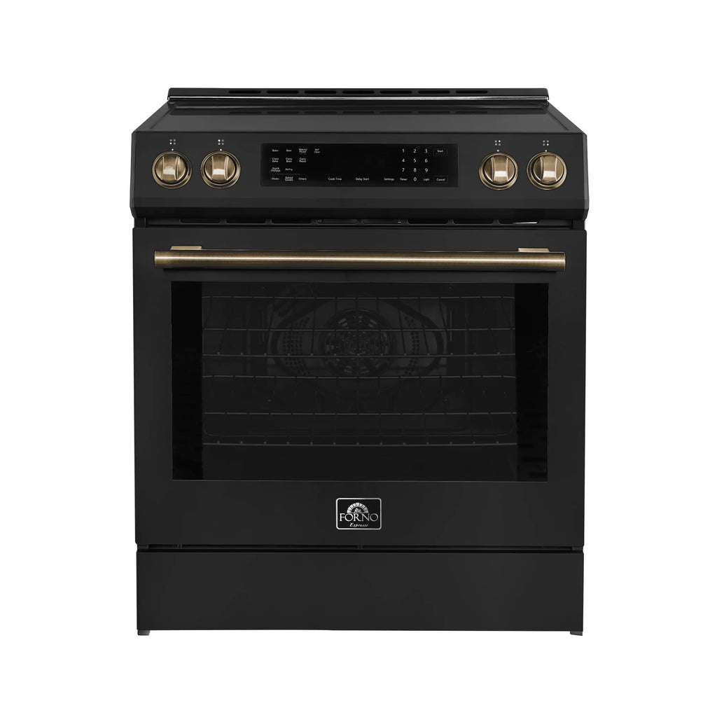 Forno 5-Piece Appliance Package - 30-Inch Induction Range, Under Cabinet Range Hood, French Door Refrigerator, Dishwasher, and 30-Inch Microwave Drawer in Black with Antique Brass Trim - APR5-905-30BLK-MWD30