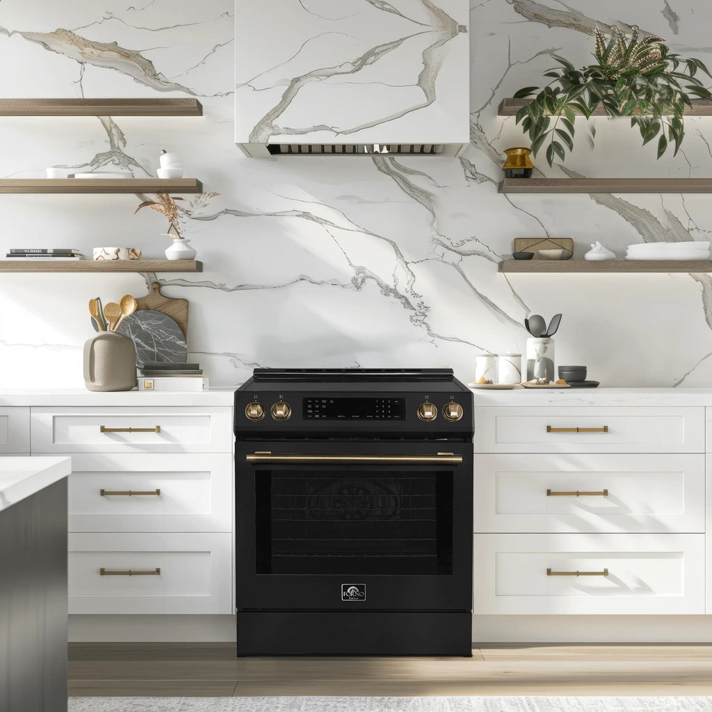Forno 5-Piece Appliance Package - 30-Inch Induction Range, Under Cabinet Range Hood, Refrigerator, Dishwasher, and 30-Inch Microwave Oven in Black with Antique Brass Trim - APR5-905-30BLK-MWO30