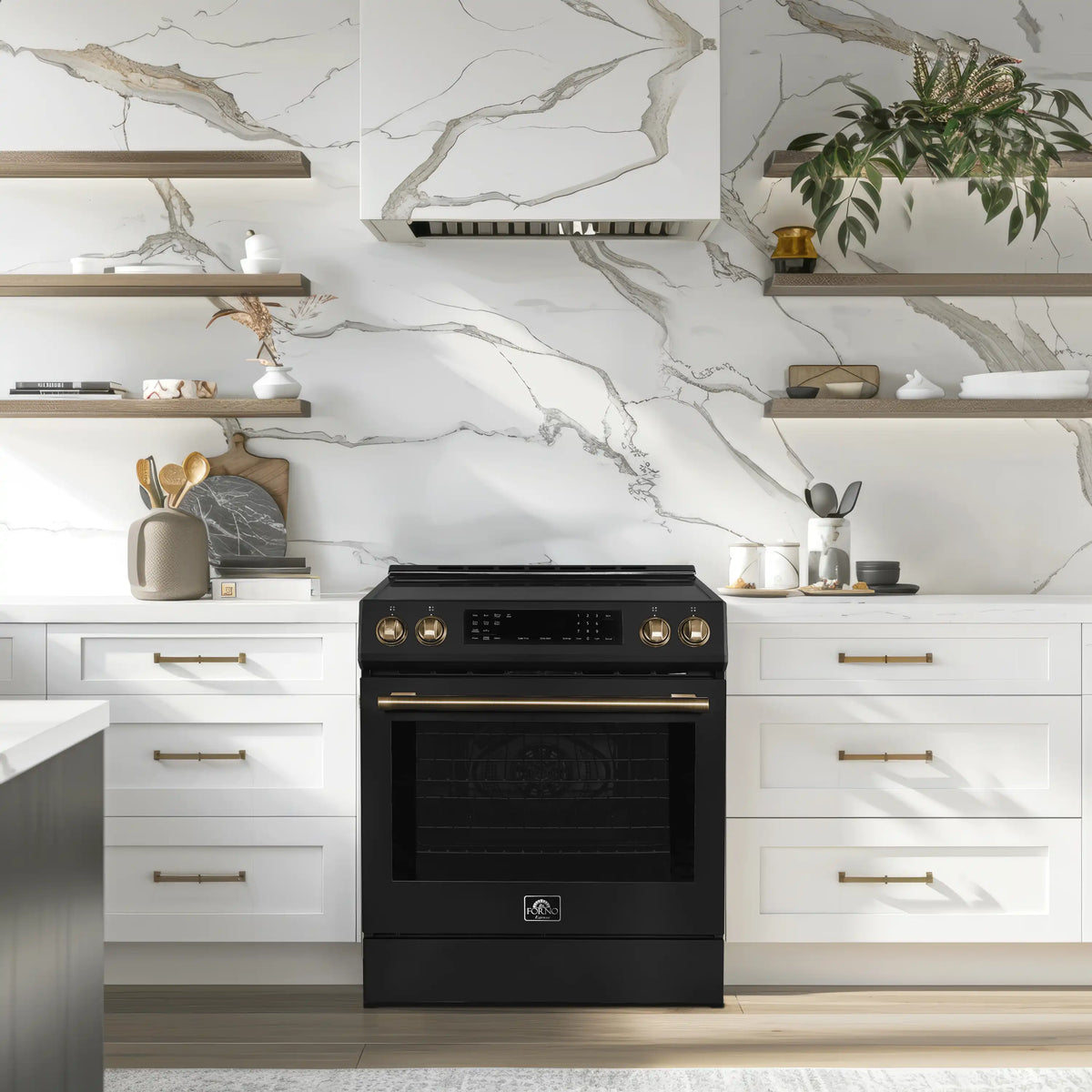 Forno Espresso Donatello 30-Inch Induction Range with Digital Display in Black with Antique Brass Trim  - FFSIN0905-30BLK