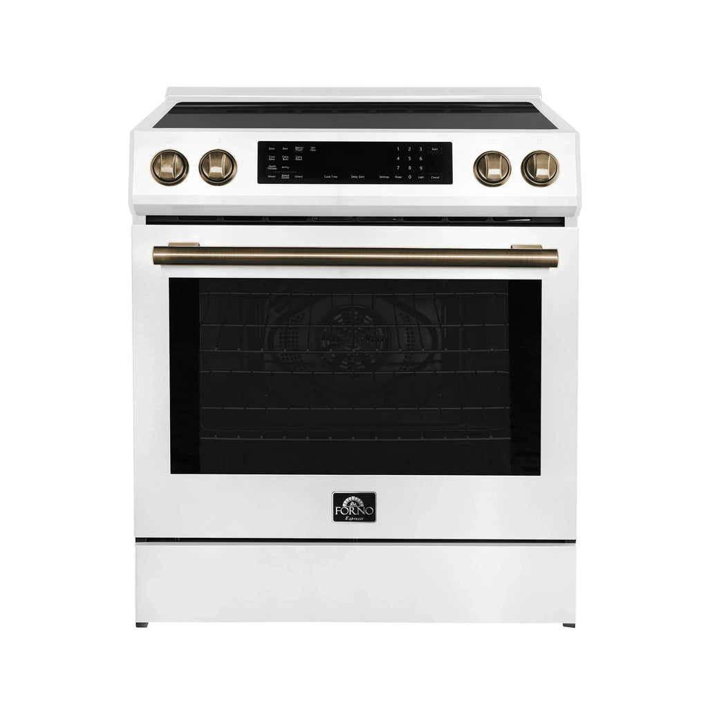Forno Espresso Donatello 30-Inch Induction Range with Digital Display in White with Antique Brass Trim  - FFSIN0905-30WHT