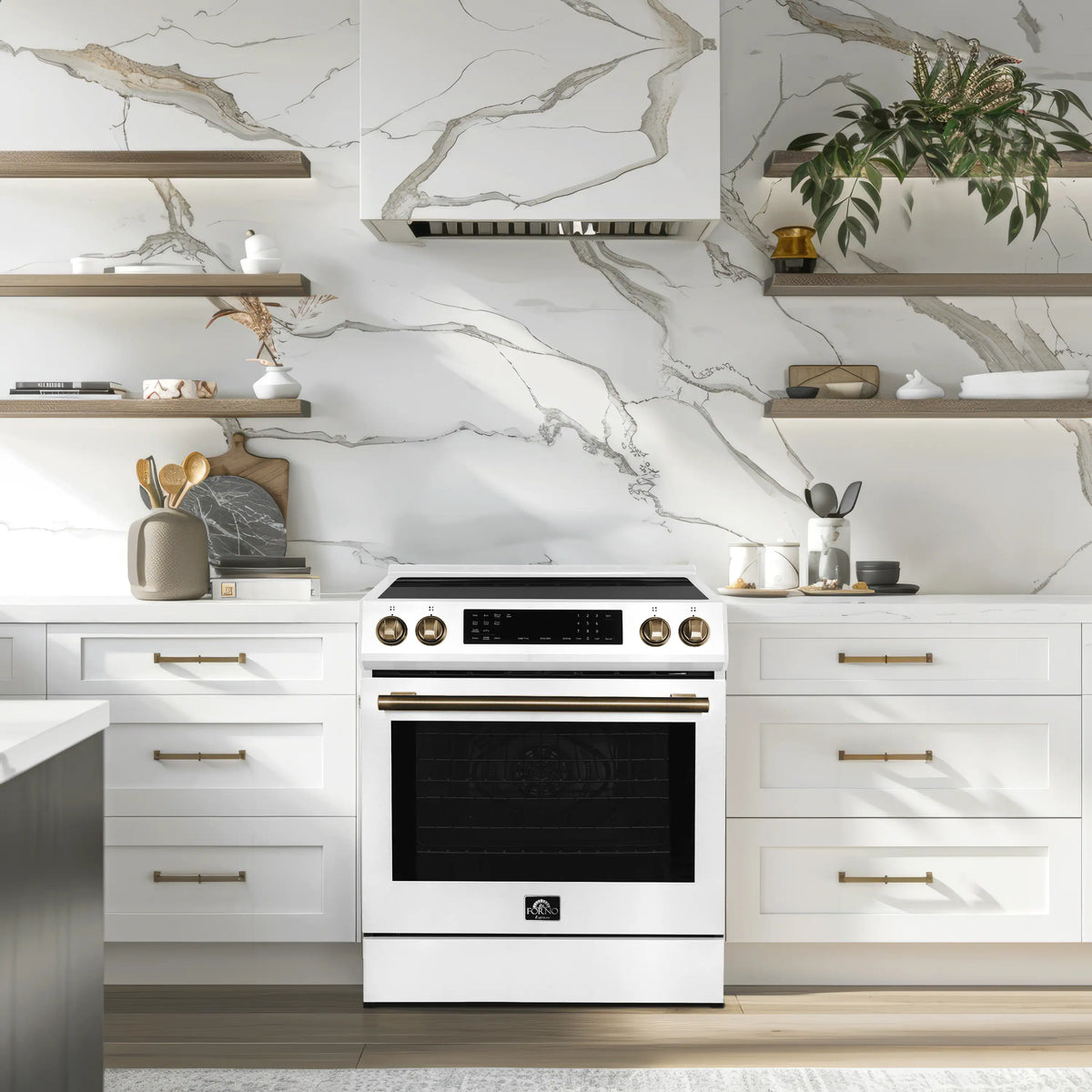 Forno Espresso Donatello 30-Inch Induction Range with Digital Display in White with Antique Brass Trim  - FFSIN0905-30WHT
