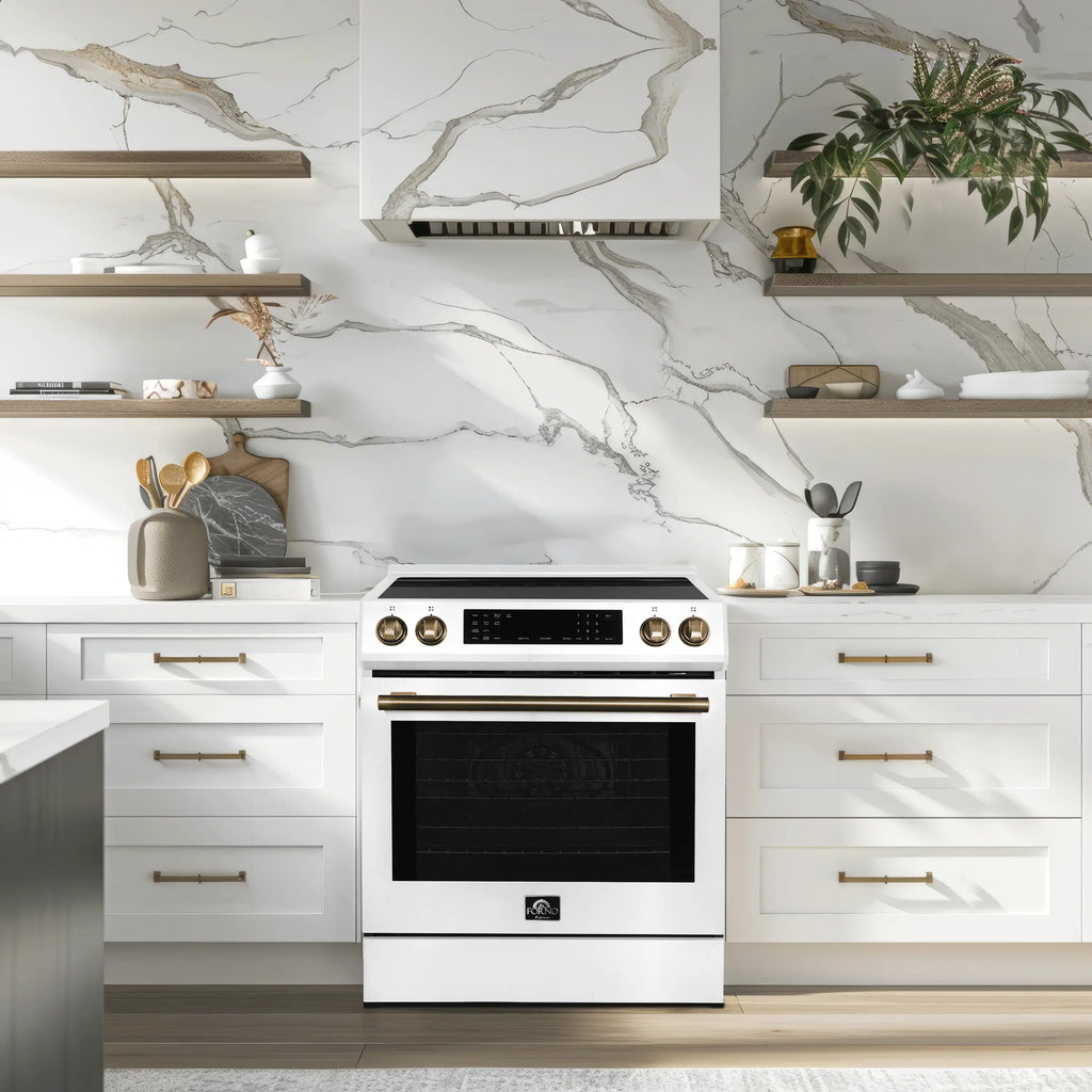 Forno 5-Piece Appliance Package - 30-Inch Induction Range, Under Cabinet Range Hood, Refrigerator, Dishwasher, and  30-Inch Microwave Oven in White with Stainless Steel Trim - APR5-905-30WHT-MWO30