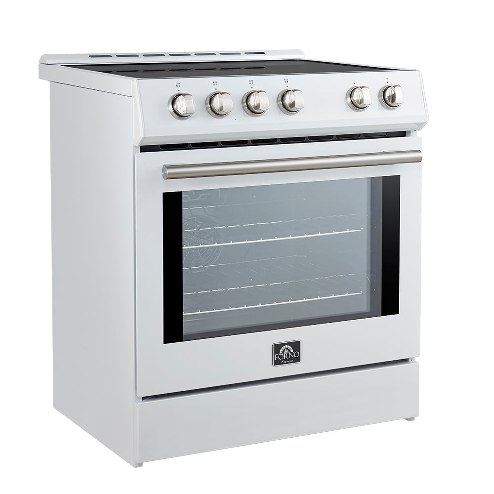 Forno 5-Piece Appliance Package - 30-Inch Induction Range, Under Cabinet Range Hood, Refrigerator with Water Dispenser, Dishwasher, and 30-Inch Microwave Drawer in White with Stainless Steel Trim - APW5-982-30WHT-MWD30