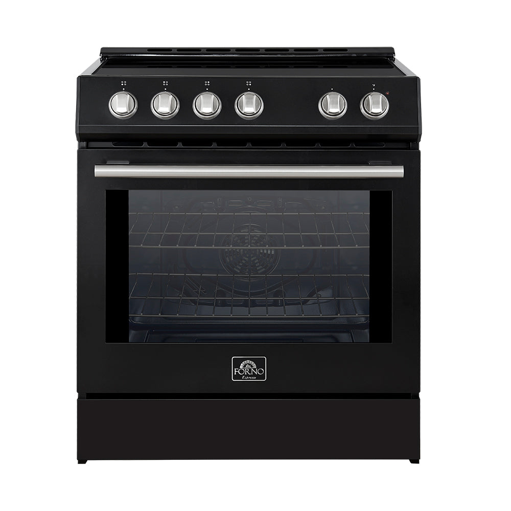 Forno 5-Piece Appliance Package - 30-Inch Induction Range, Under Cabinet Range Hood, Refrigerator with Water Dispenser, Dishwasher, and 30-Inch Microwave Drawer in Black with Stainless Steel Trim - APW5-982-30BLK-MWD30