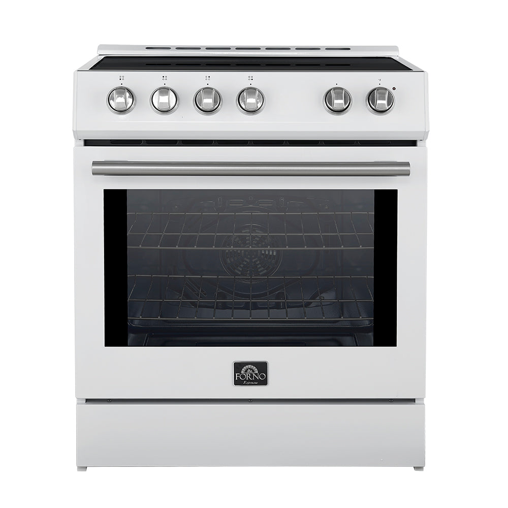 Forno 5-Piece Appliance Package - 30-Inch Induction Range, Under Cabinet Range Hood, Refrigerator with Water Dispenser, Dishwasher, and 30-Inch Microwave Drawer in White with Stainless Steel Trim - APW5-982-30WHT-MWD30