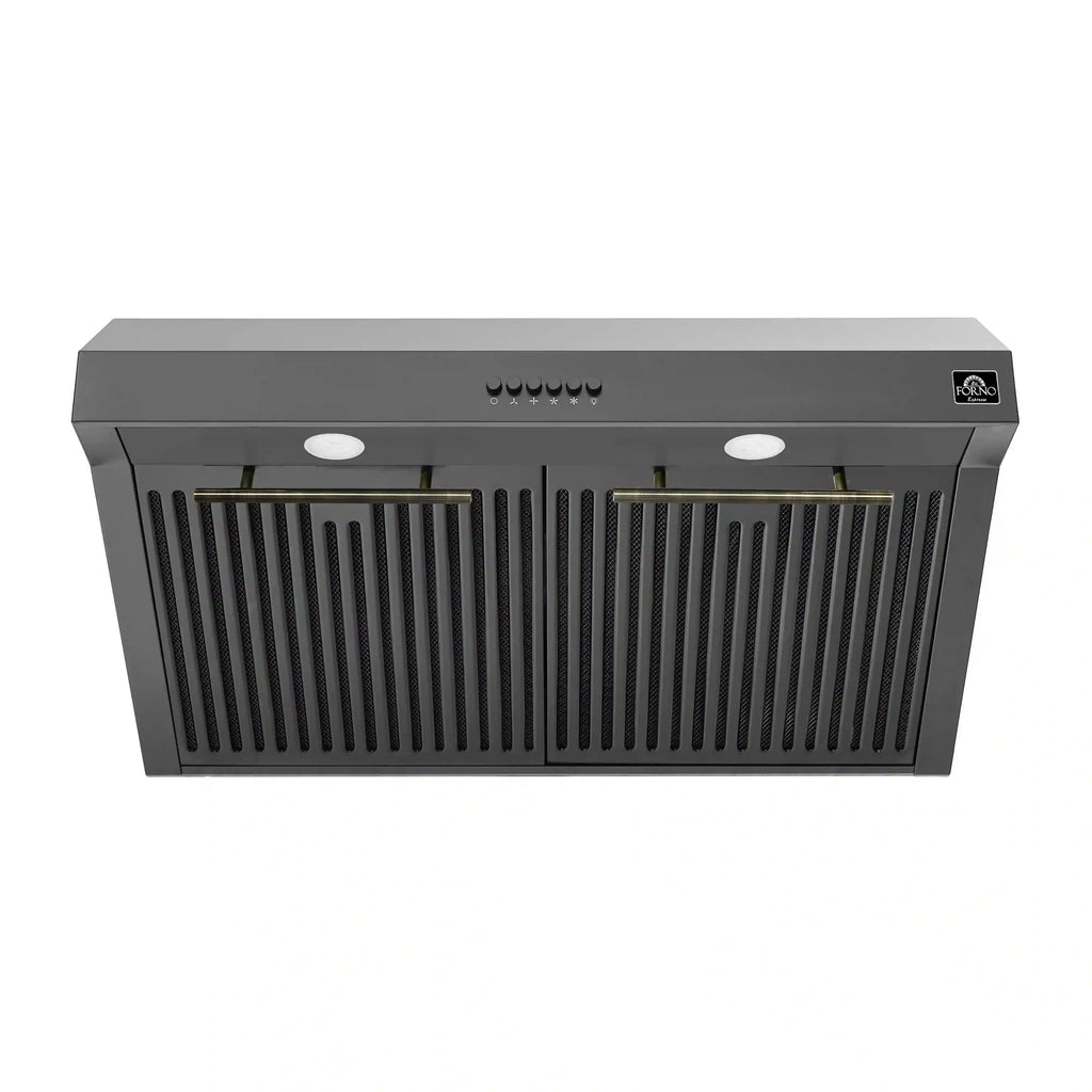 Forno 5-Piece Appliance Package - 30-Inch Electric Range, Under Cabinet Range Hood, French Door Refrigerator, Dishwasher , & Microwave Drawer in Black with Antique Brass Trim - APR5-6012-30BLK
