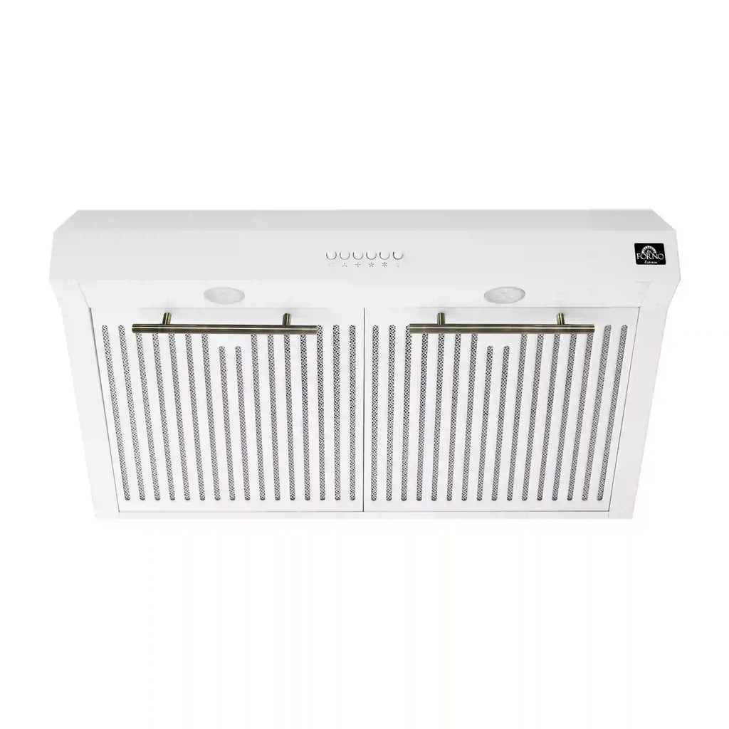Forno 5-Piece Appliance Package - 30-Inch Inducton Range, Under Cabinet Range Hood, Refrigerator, Dishwasher, and  24-Inch Microwave Oven in White with Antique Brass Trim - APR5-905-30WHT-MWO24