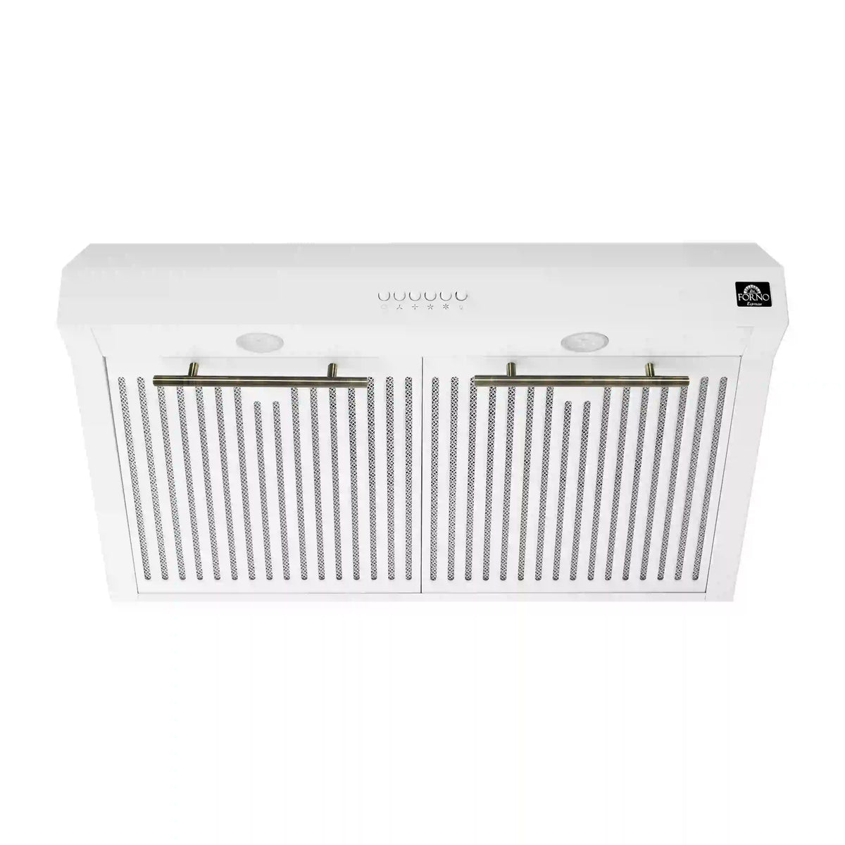 Forno 5-Piece Appliance Package - 30-Inch Induction Range, Under Cabinet Range Hood, Refrigerator, Dishwasher, and  Microwave Drawer in White with Antique Brass Trim - APR5-905-30WHT