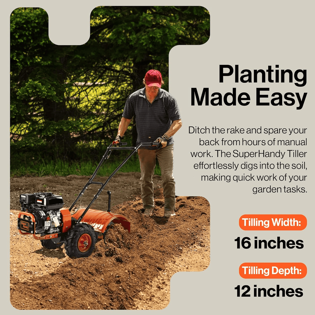 Super Handy GUO116 Rear Tine Tiller Cultivator 16” Width 12" Depth 7HP 209cc 4 Stroke Gas Motor 12 Steel Adjustable Tines New