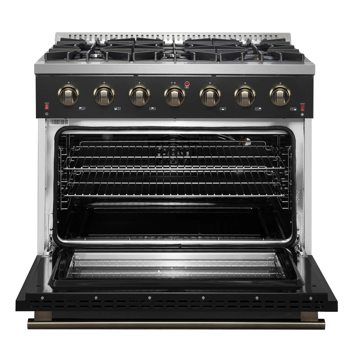 Forno 5-Piece Appliance Package - 36-Inch Gas Range, Wall Mount Range Hood, 36-Inch Refrigerator, Dishwasher, and 24-Inch Microwave Drawer in Black with Antique Brass Handle - AP5-6244-36BLK-5095-MD24