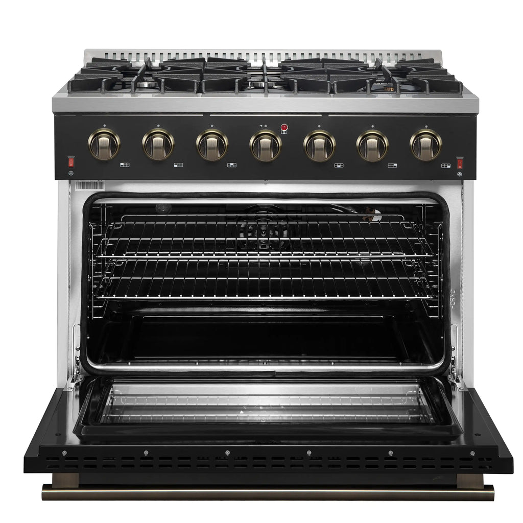 Forno Galiano 5-Piece Appliance Package - 36-Inch Gas Range, 36-Inch Hood, 36-Inch Refrigerator, 24-Inch Dishwasher, & 24-Inch Microwave Drawer in Black with Antique Brass Trim - AP5-6244-36BLK-MWD24