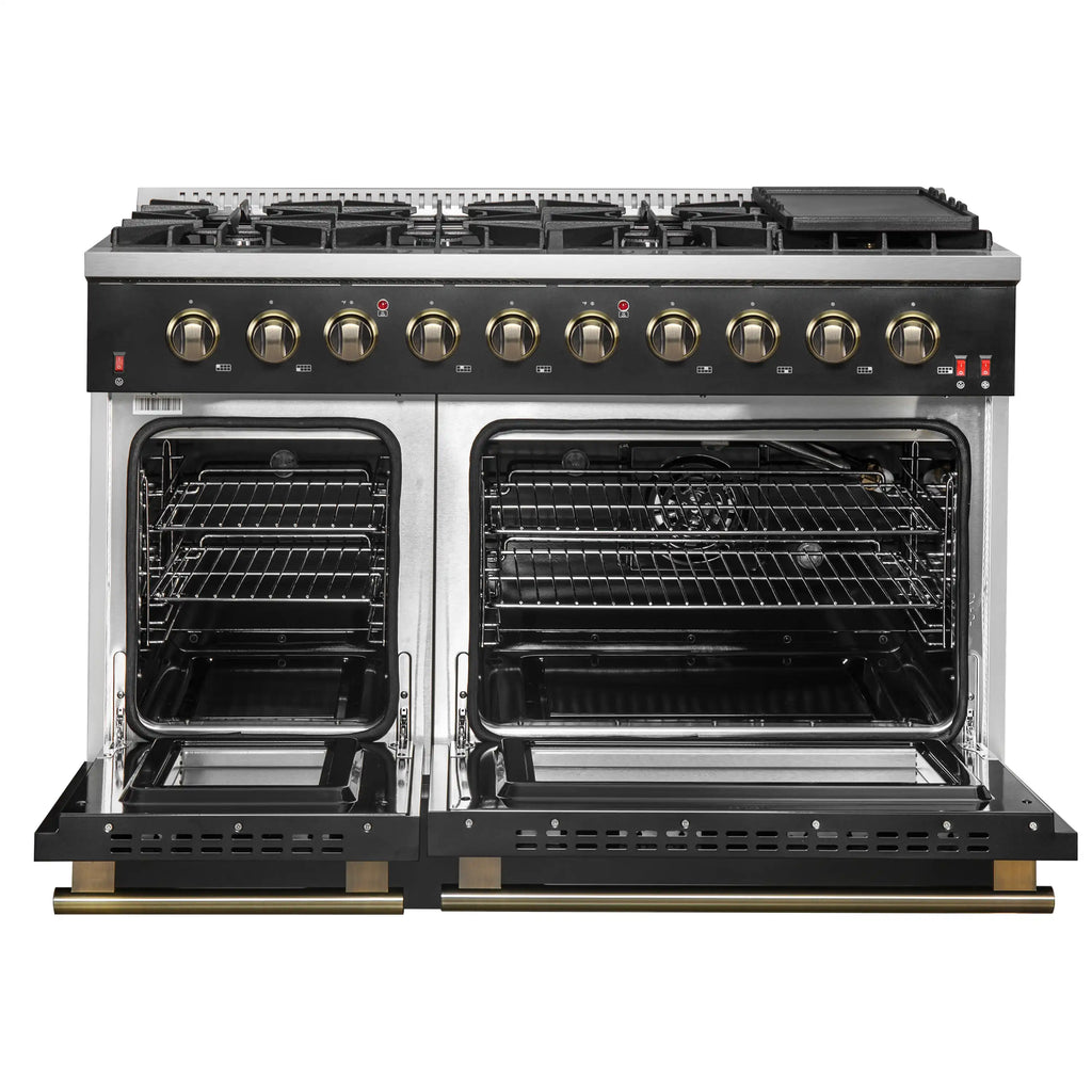 Forno 5-Piece Appliance Package - 48-Inch Gas Range, Wall Mount Range Hood, 36-Inch Refrigerator, Dishwasher, and 24-Inch Microwave Drawer in Black with Antique Brass Handle - AP5-6244-48BLK-5095-MD24