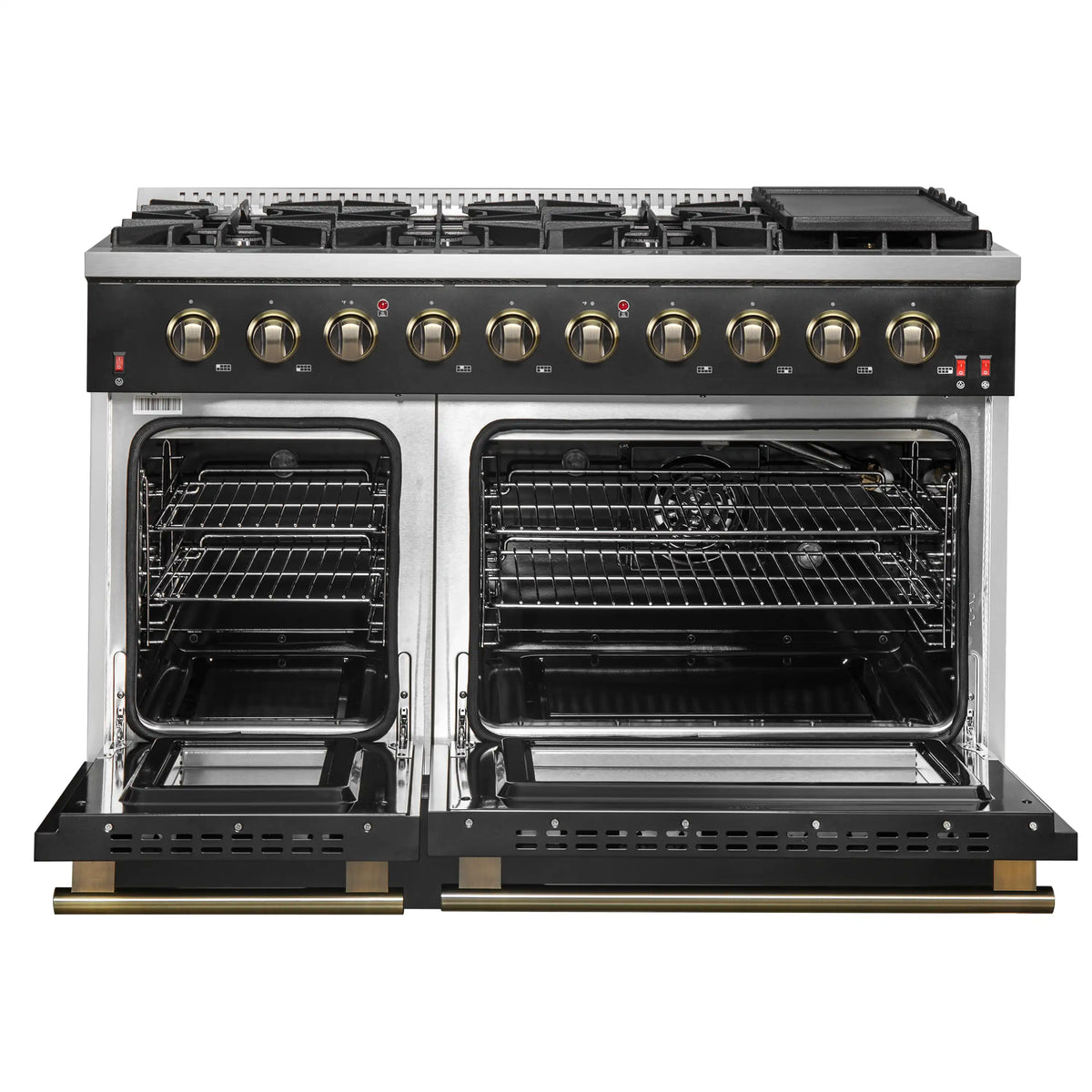Forno 5-Piece Appliance Package - 48-Inch Gas Range, Wall Mount Range Hood, 36-Inch Refrigerator, Dishwasher, and 24-Inch Microwave Drawer in Black with Antique Brass Handle - AP5-6244-48BLK-5095-MD24