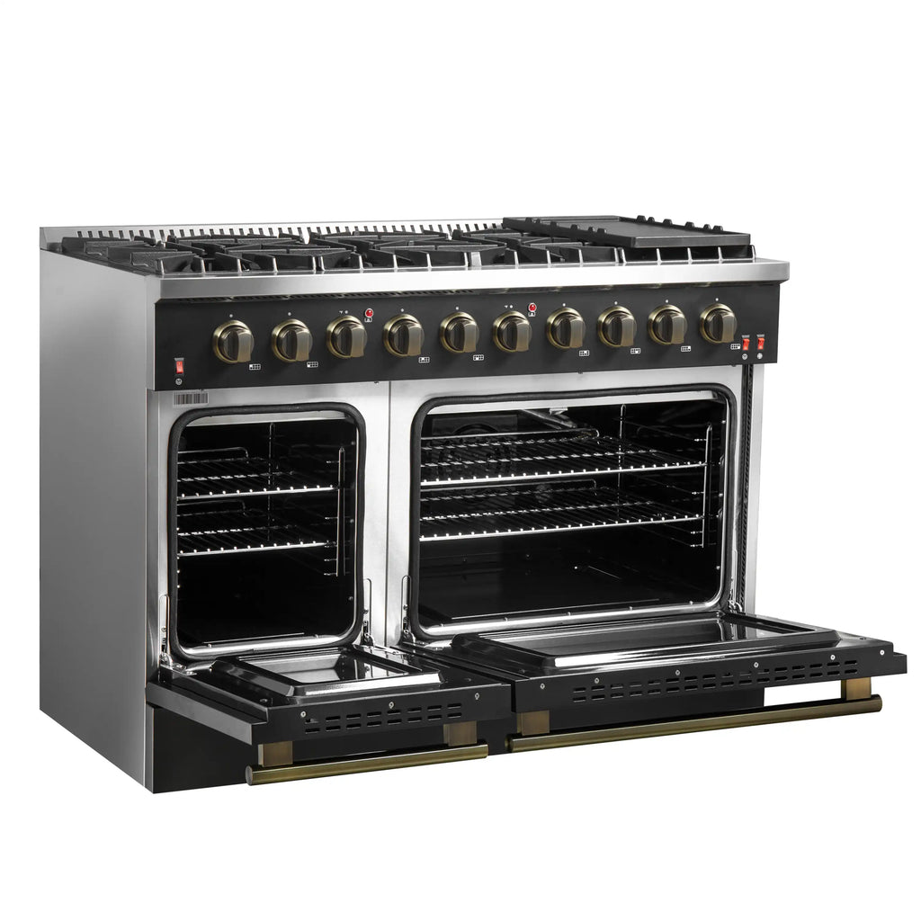 Forno Galiano 48-Inch Gas Range with 8 Burners and  6.58 Cu.Ft. Double Convection Oven in Black with Antique Brass Trim  - FFSGS6244-48BLK