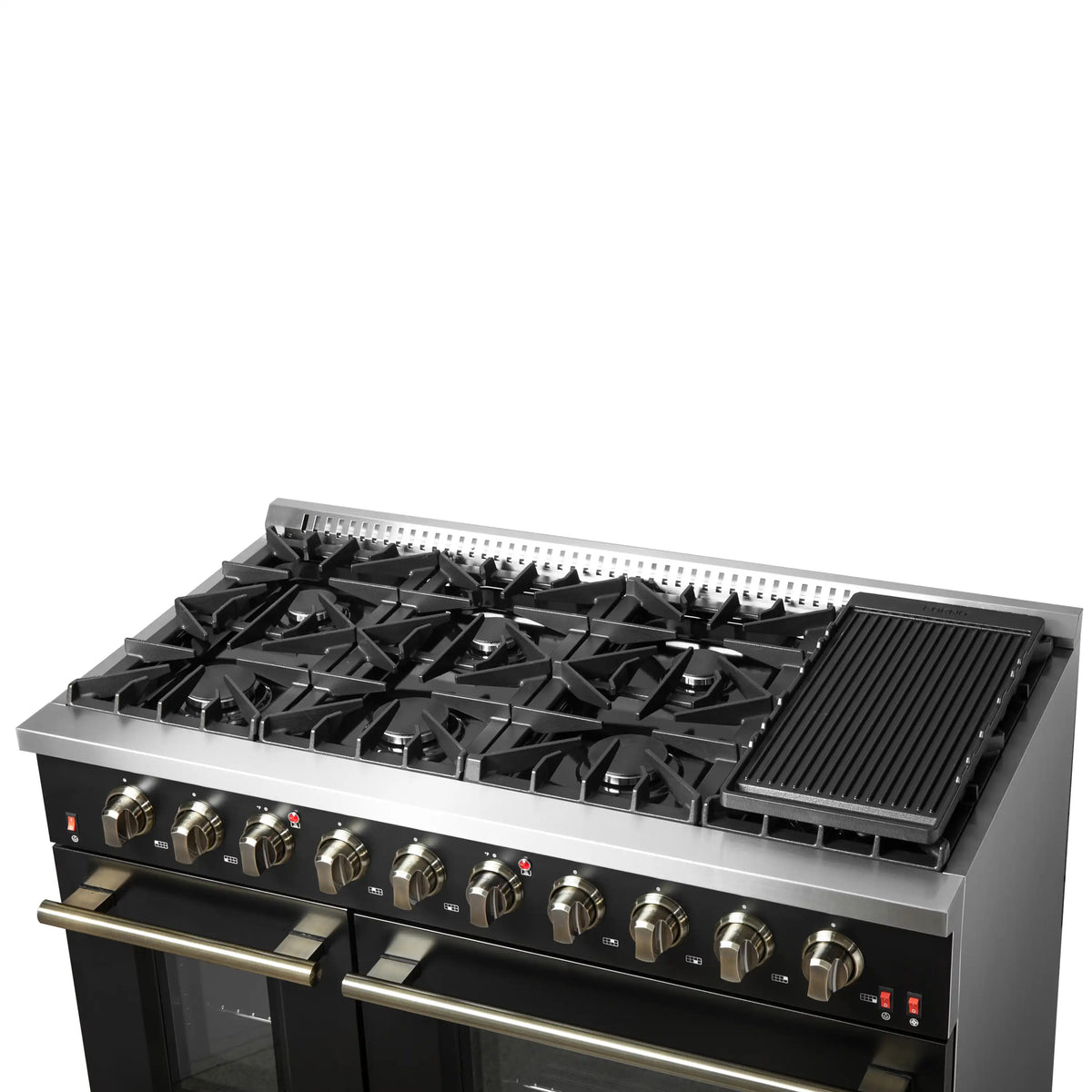 Forno Galiano 5-Piece Appliance Package - 48-Inch Gas Range, 48-Inch Hood, 36-Inch Refrigerator, 24-Inch Dishwasher, & 30-Inch Microwave Drawer in Black with Antique Brass Trim - AP5-6244-48BLK-MWD30