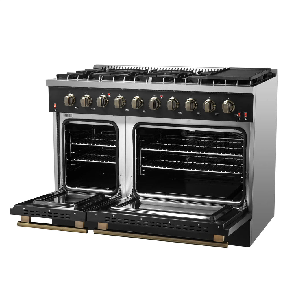 Forno 5-Piece Appliance Package - 48-Inch Gas Range, 60-Inch Convertible Refrigerator with Modern Trim, Dishwasher, and 24-Inch Microwave Oven in Black with Antique Brass Handle - AP5-6244-48BLK-MWO24-60MG