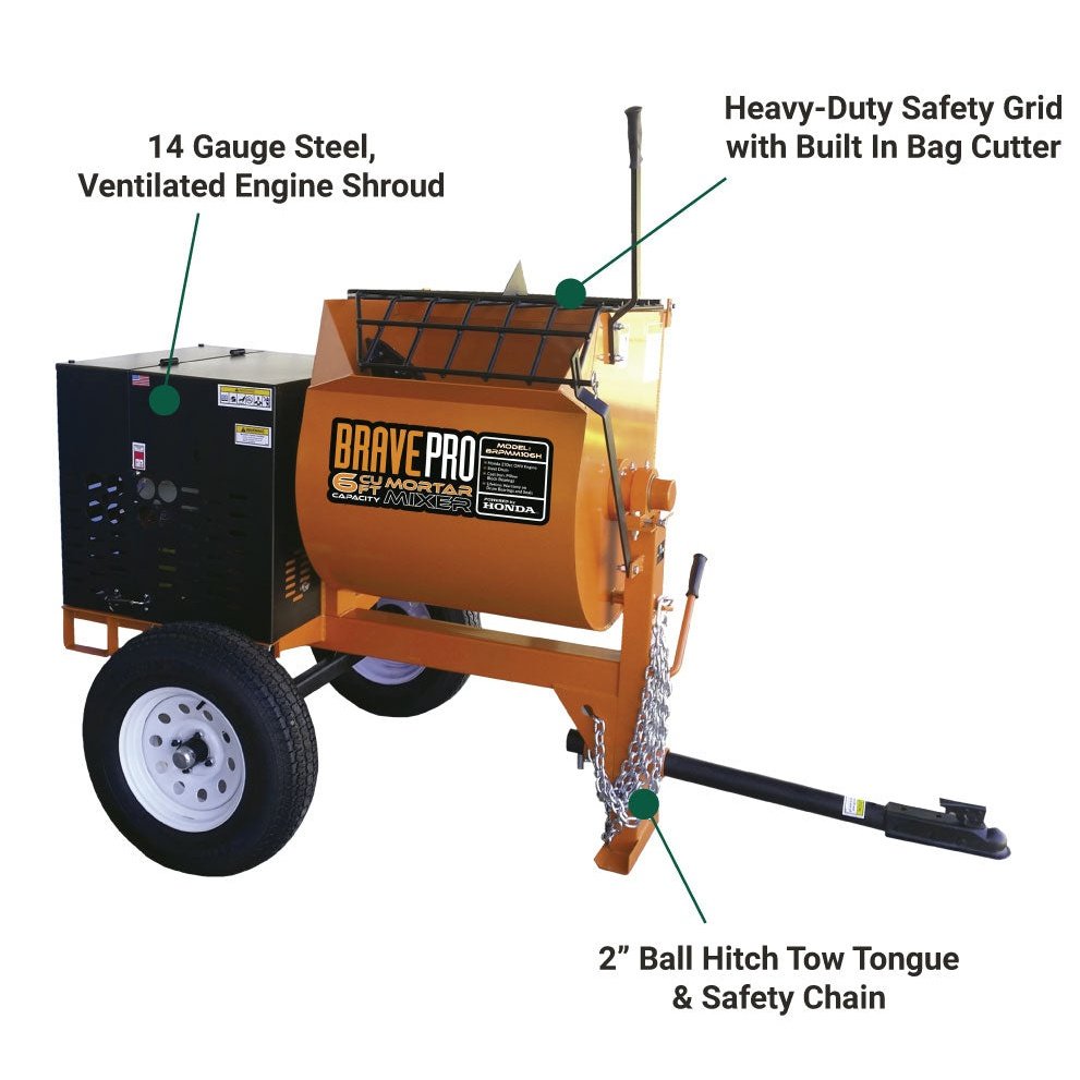 BravePro™ 6 Cubic Foot Steel Drum Mortar Mixer w/ Honda® GX240 Engine (BRPMM106H)