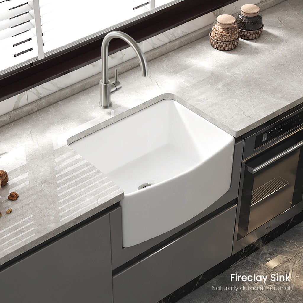 Kibi 24" x 20" x 10" Pure Series Undermount Single Bowl Fireclay Curved Apron Kitchen Sink In Glossy White -  K2-SF24C