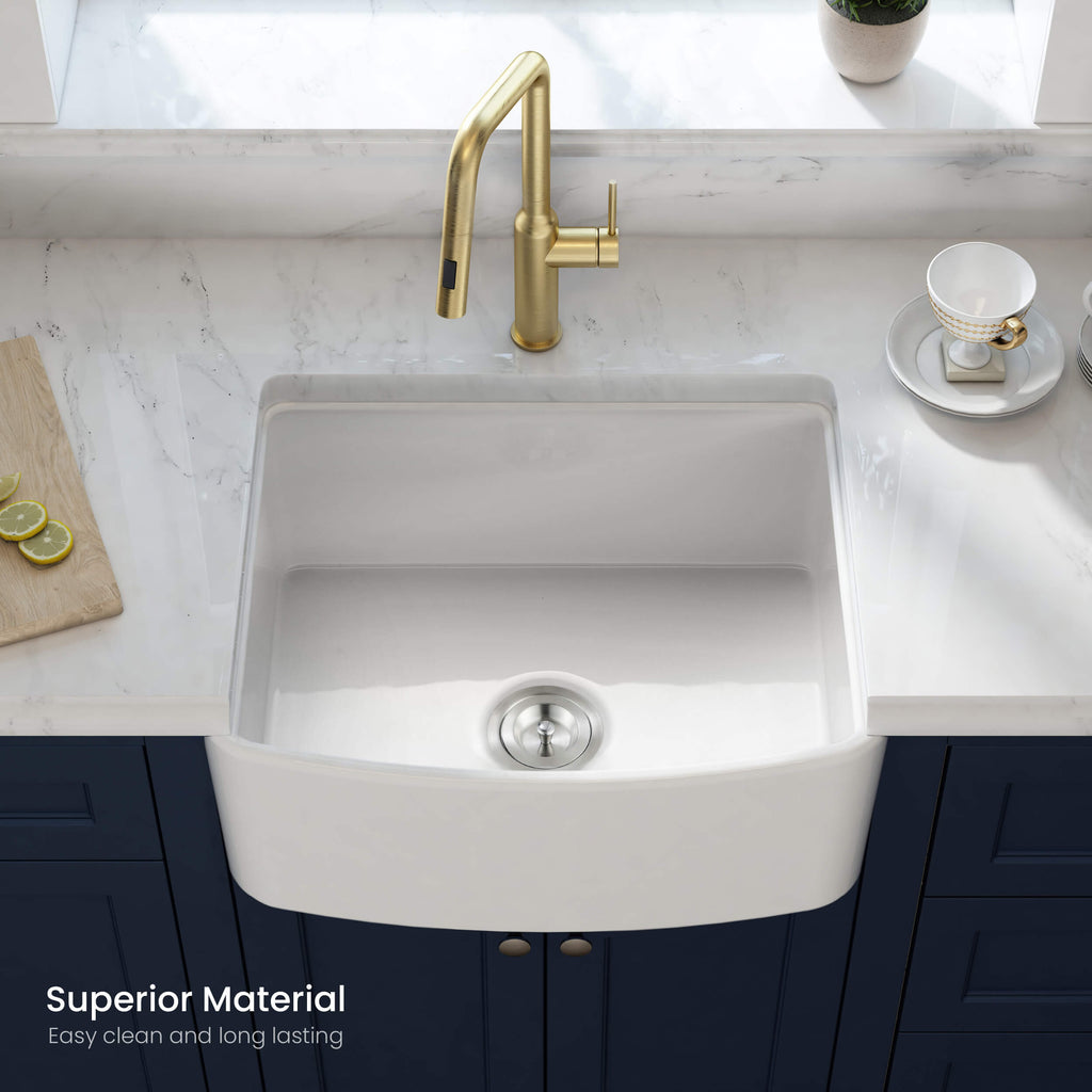 Kibi 24" x 20" x 10" Pure Series Undermount Single Bowl Fireclay Curved Apron Kitchen Sink In Glossy White -  K2-SF24C