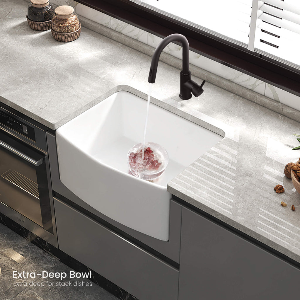 Kibi 24" x 20" x 10" Pure Series Undermount Single Bowl Fireclay Curved Apron Kitchen Sink In Glossy White -  K2-SF24C