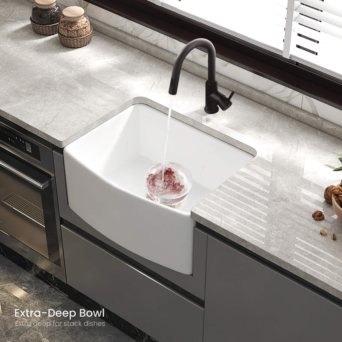 Kibi 24" x 20" x 10" Pure Series Undermount Single Bowl Fireclay Curved Apron Kitchen Sink In Glossy White -  K2-SF24C