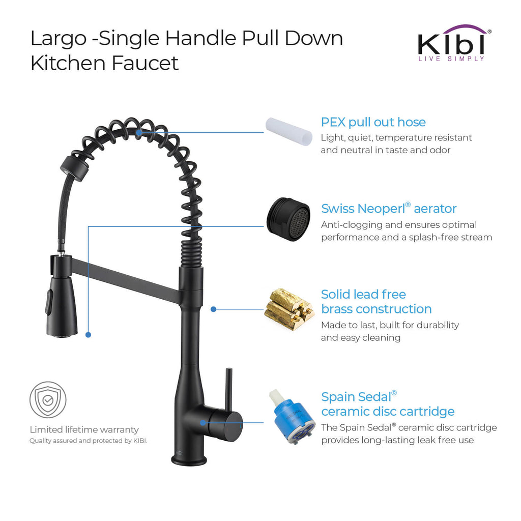 Kibi Largo Single Handle Pull Down Kitchen Faucet With Soap Dispenser in Matte Black Finish - C-KKF2006MB-KSD100MB