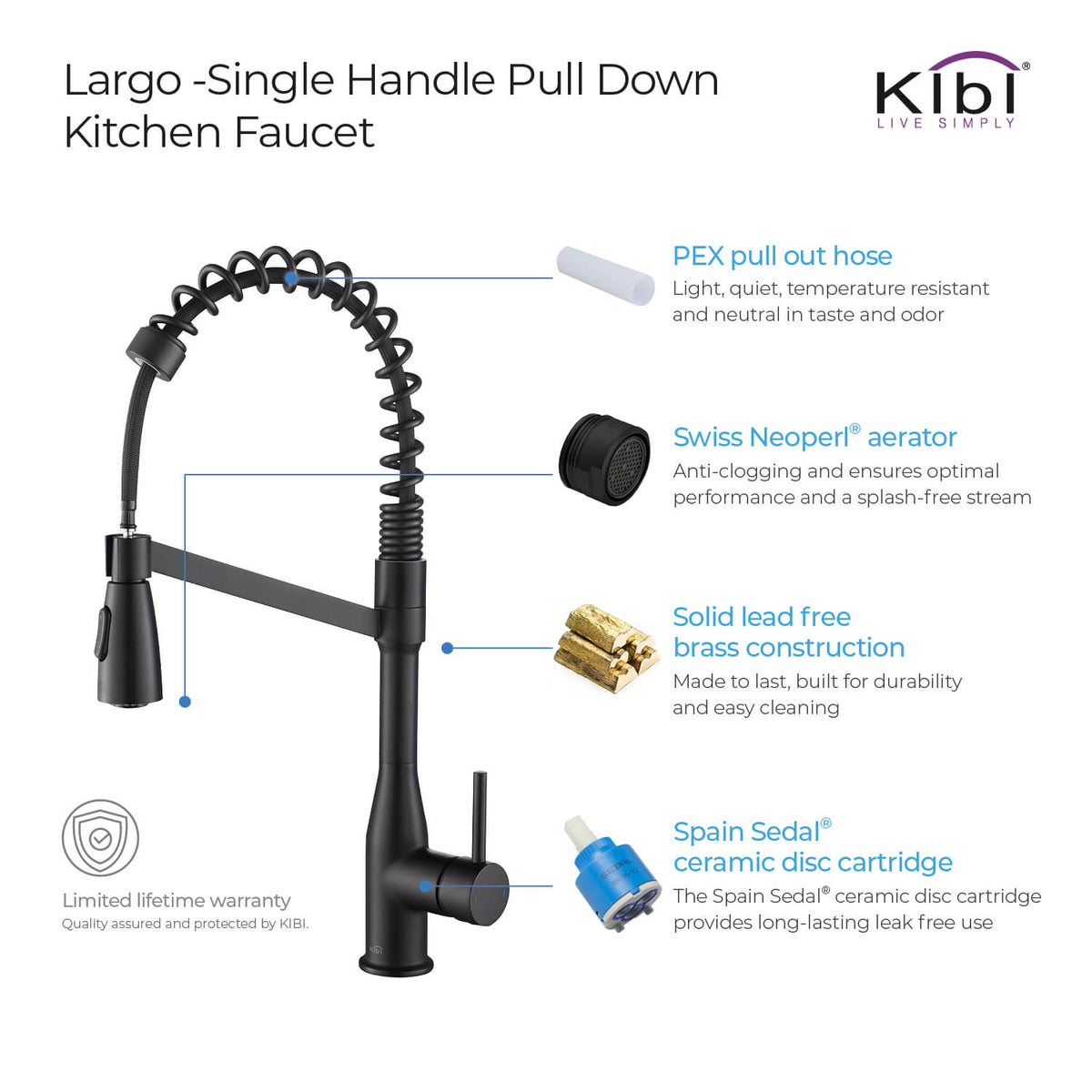 Kibi Largo Single Handle Pull Down Kitchen Faucet With Soap Dispenser in Matte Black Finish - C-KKF2006MB-KSD100MB